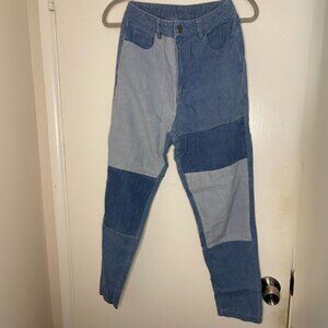 Vintage Patchwork Color-Block Jeans – Blue Denim, Straight Leg (See Measurements